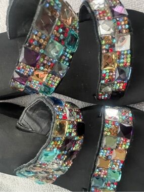Yellow Box Black Slide Sandals with Multicolored Gem Accents
